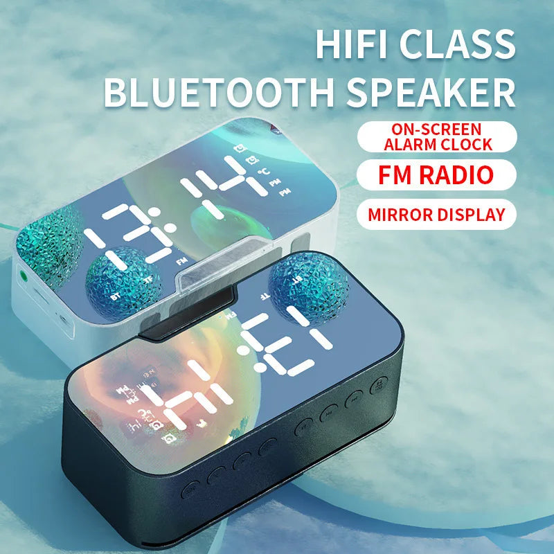 Bluetooth-compatible 5.0 Speaker 3D HIFI Stereo LED Display Mirror Bass Heavy Alarm Clock TF/FM/Aux Radio Music Column Player