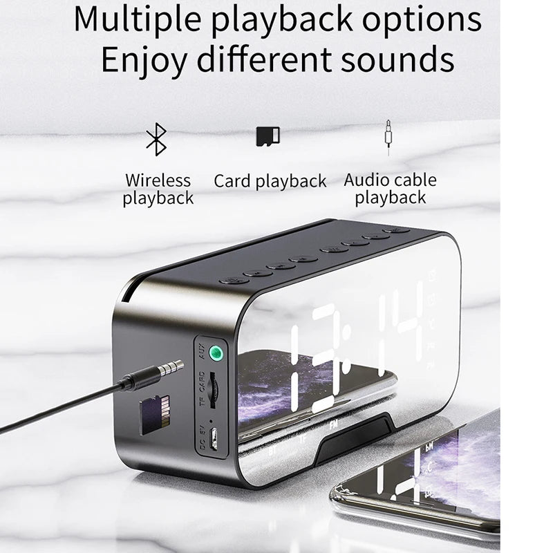 Bluetooth-compatible 5.0 Speaker 3D HIFI Stereo LED Display Mirror Bass Heavy Alarm Clock TF/FM/Aux Radio Music Column Player